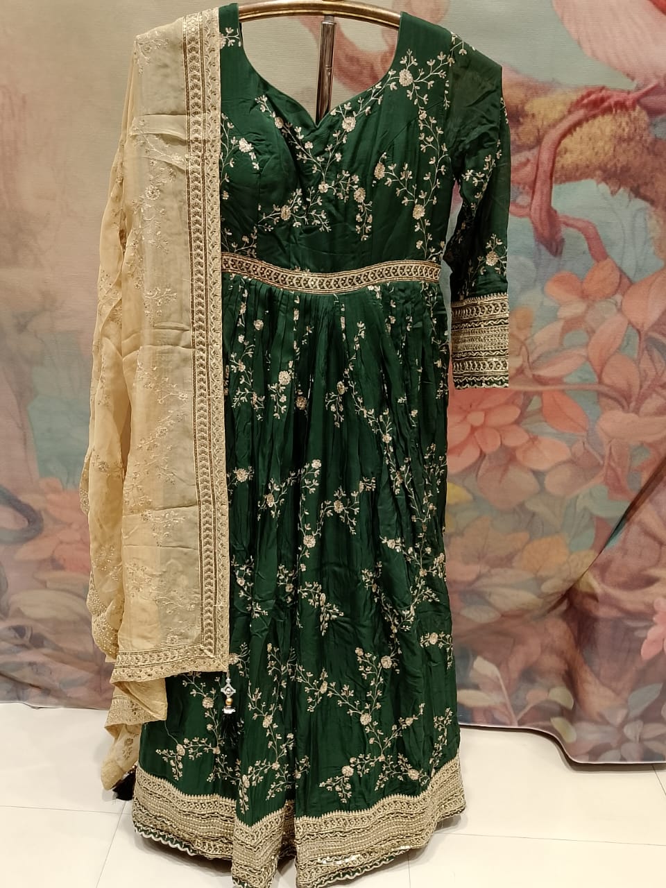 Emerald Green Floral Embroidered Crinkled Anarkali Gown Set