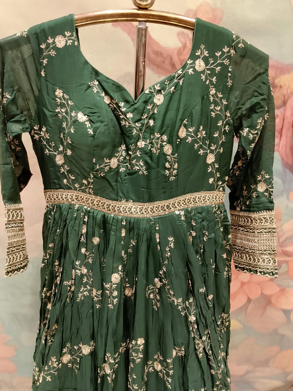 Emerald Green Floral Embroidered Crinkled Anarkali Gown Set