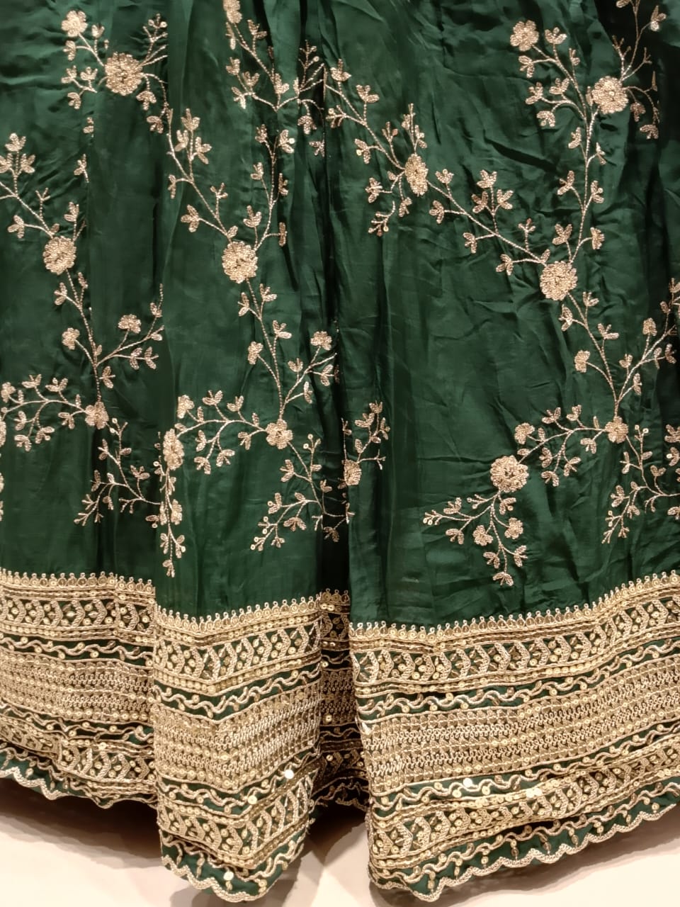 Emerald Green Floral Embroidered Crinkled Anarkali Gown Set