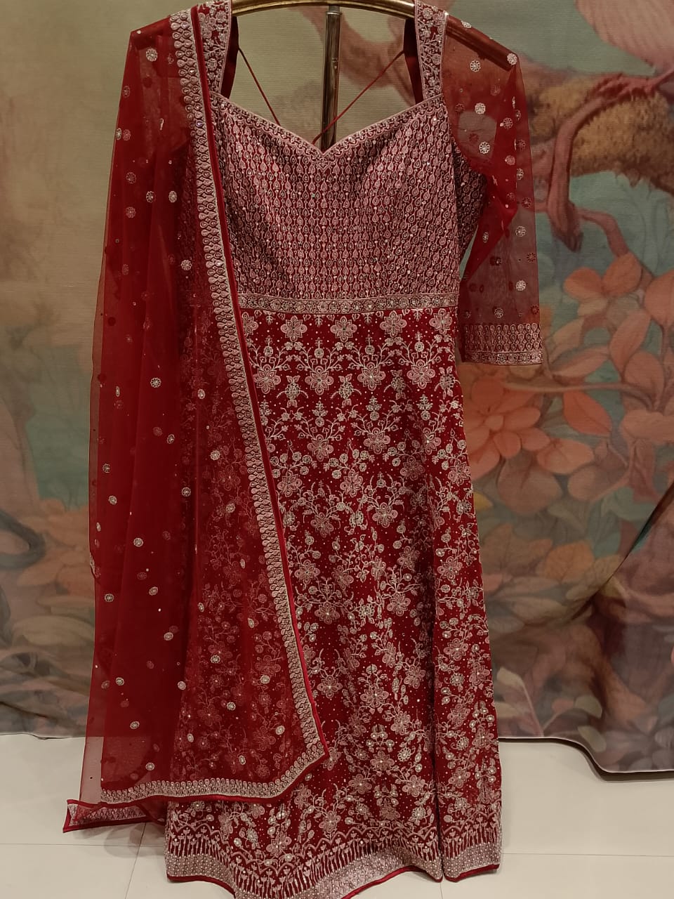 Crimson Red Heavily Embroidered Georgette Gown Set, Pluse Size.
