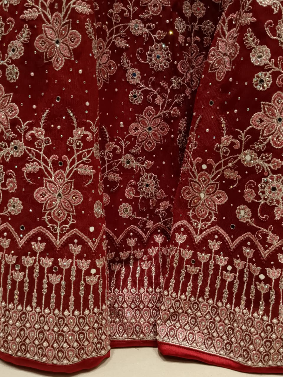 Crimson Red Heavily Embroidered Georgette Gown Set, Pluse Size.