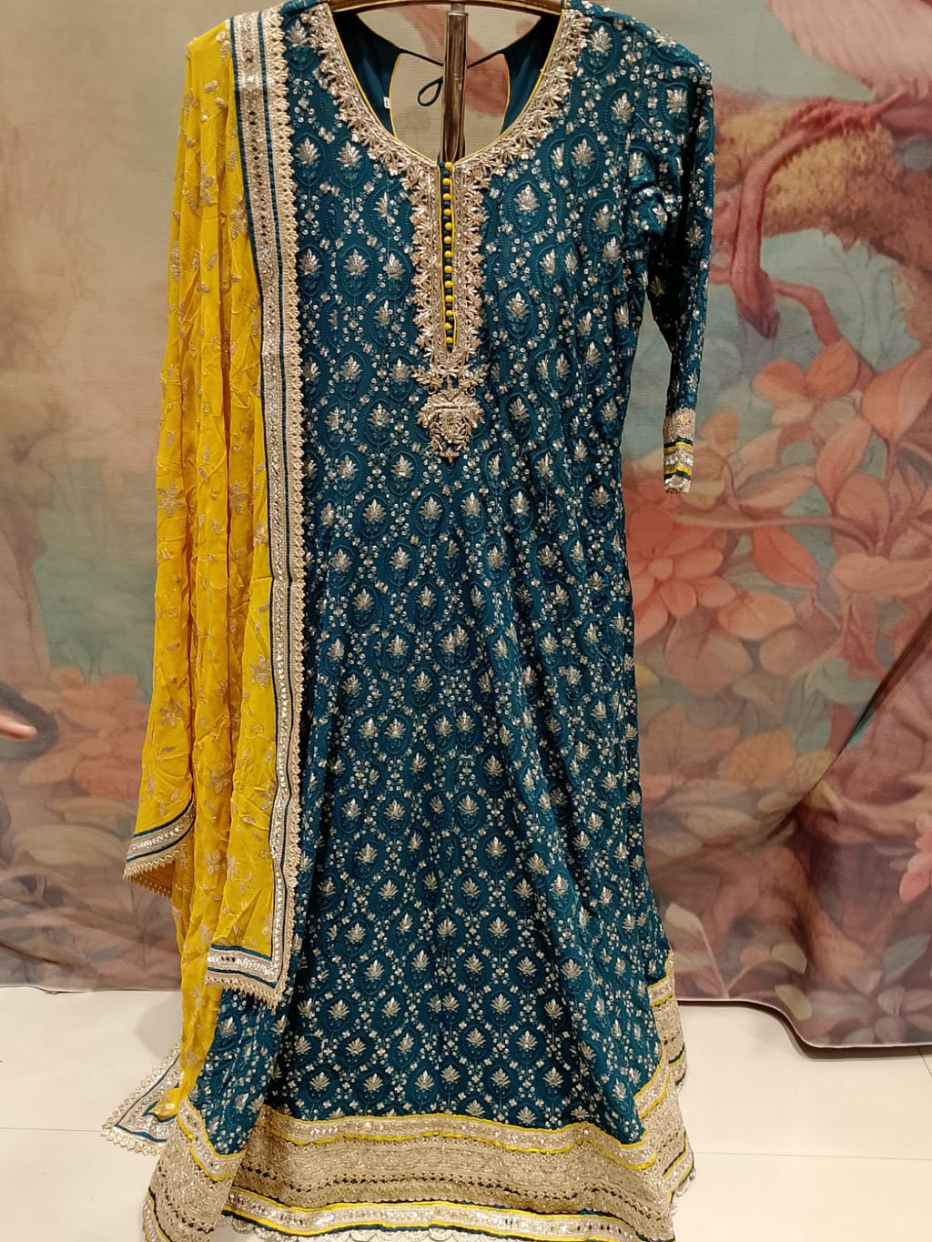 Teal Blue All-Over Chikankari and Zari Embroidered Anarkali Gown Set