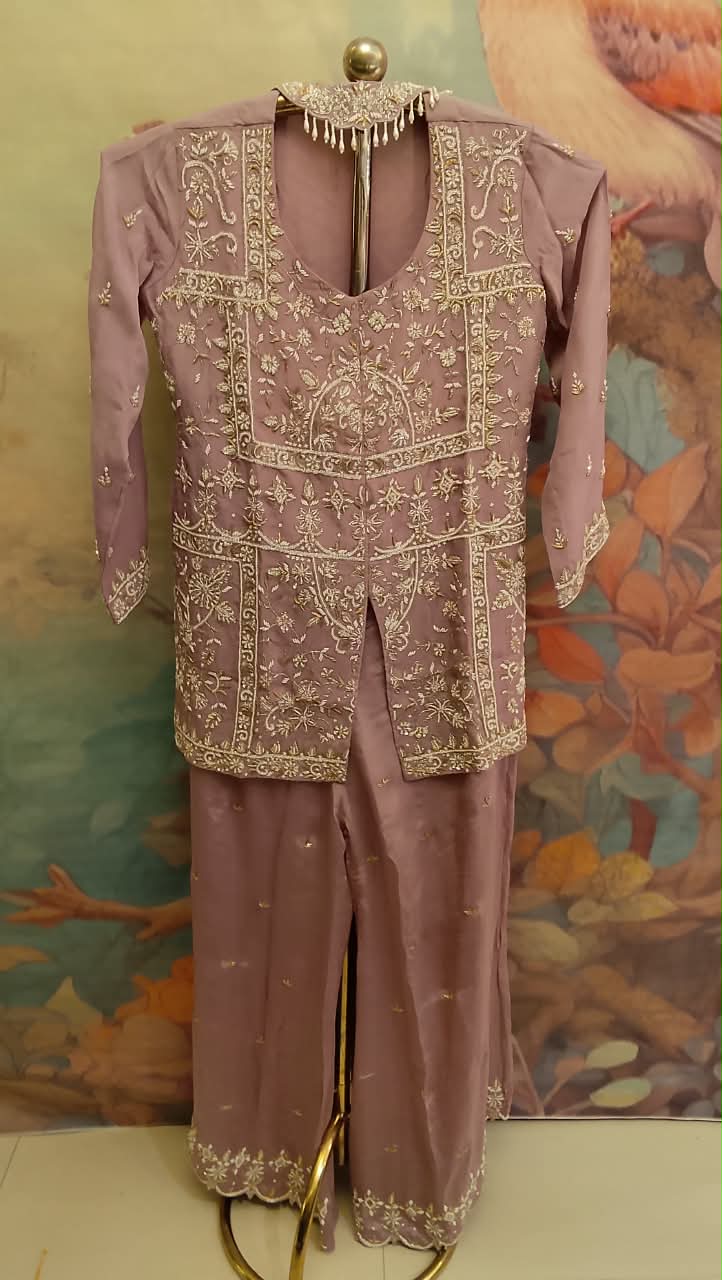 Mauve Pink Front-Slit Indo-Western Co-Ord Set With Palazzo.