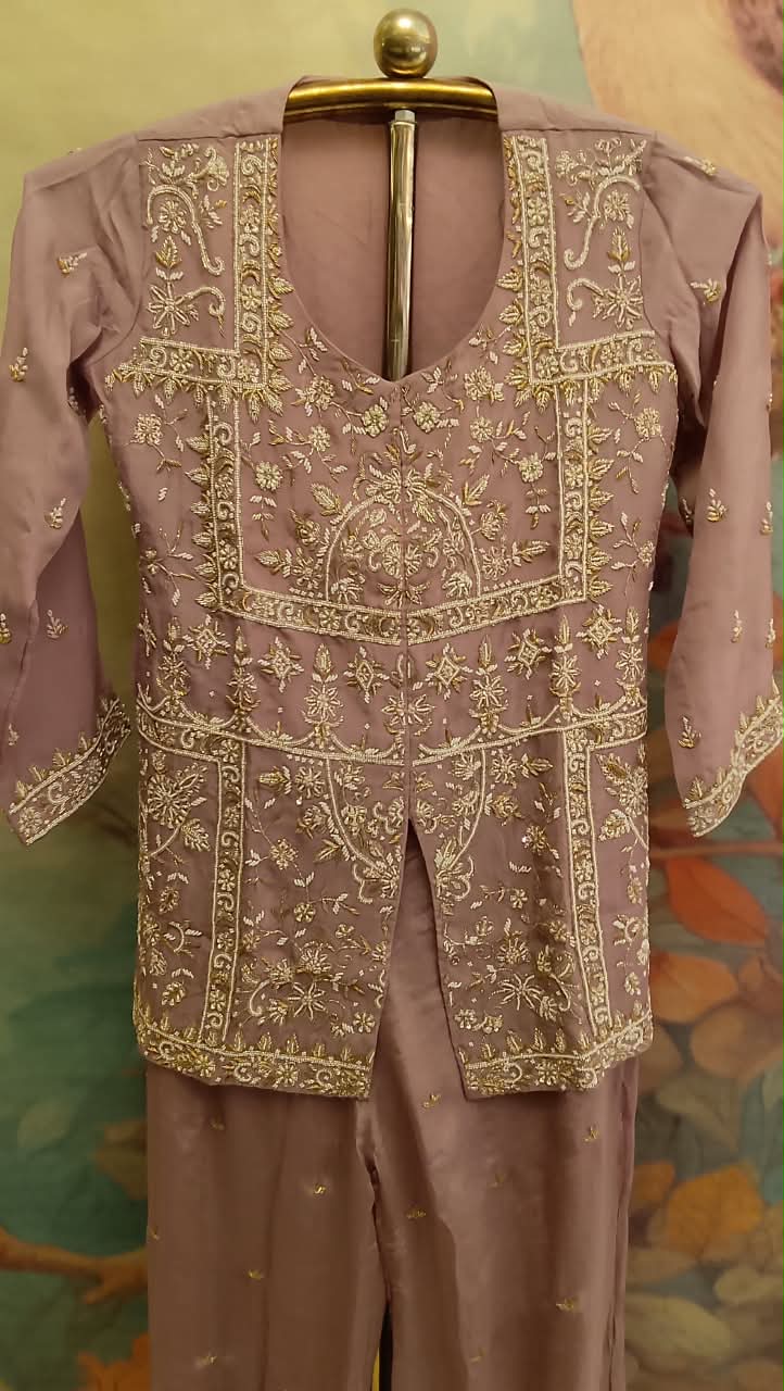 Mauve Pink Front-Slit Indo-Western Co-Ord Set With Palazzo.