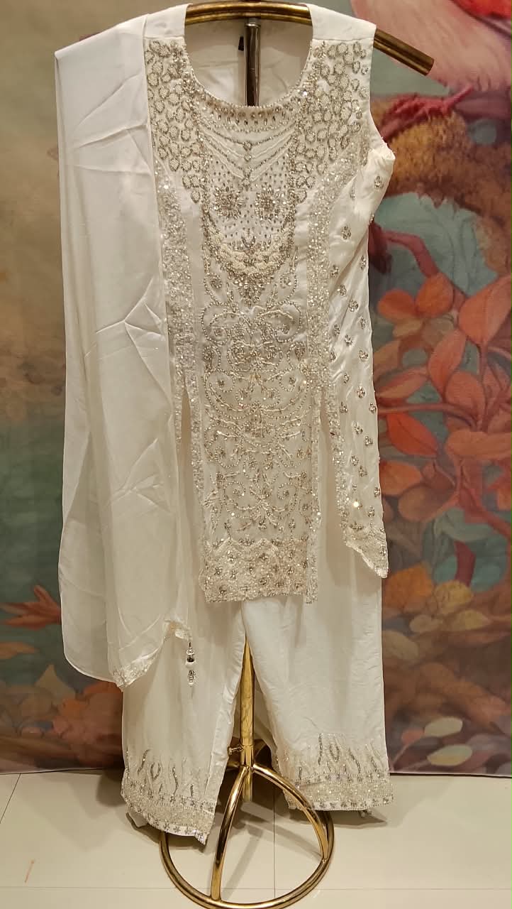 Ivory Cream Sleeveless Embroidered Paazzo Suit Set