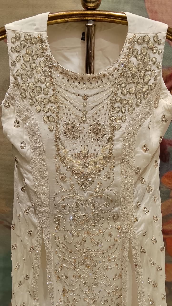 Ivory Cream Sleeveless Embroidered Paazzo Suit Set
