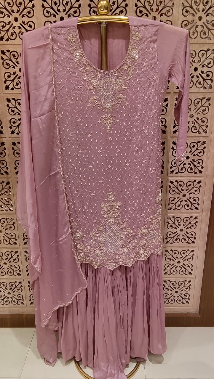 Mauve Pink Heavily Embroidered Georgette Sharara Suit Set.