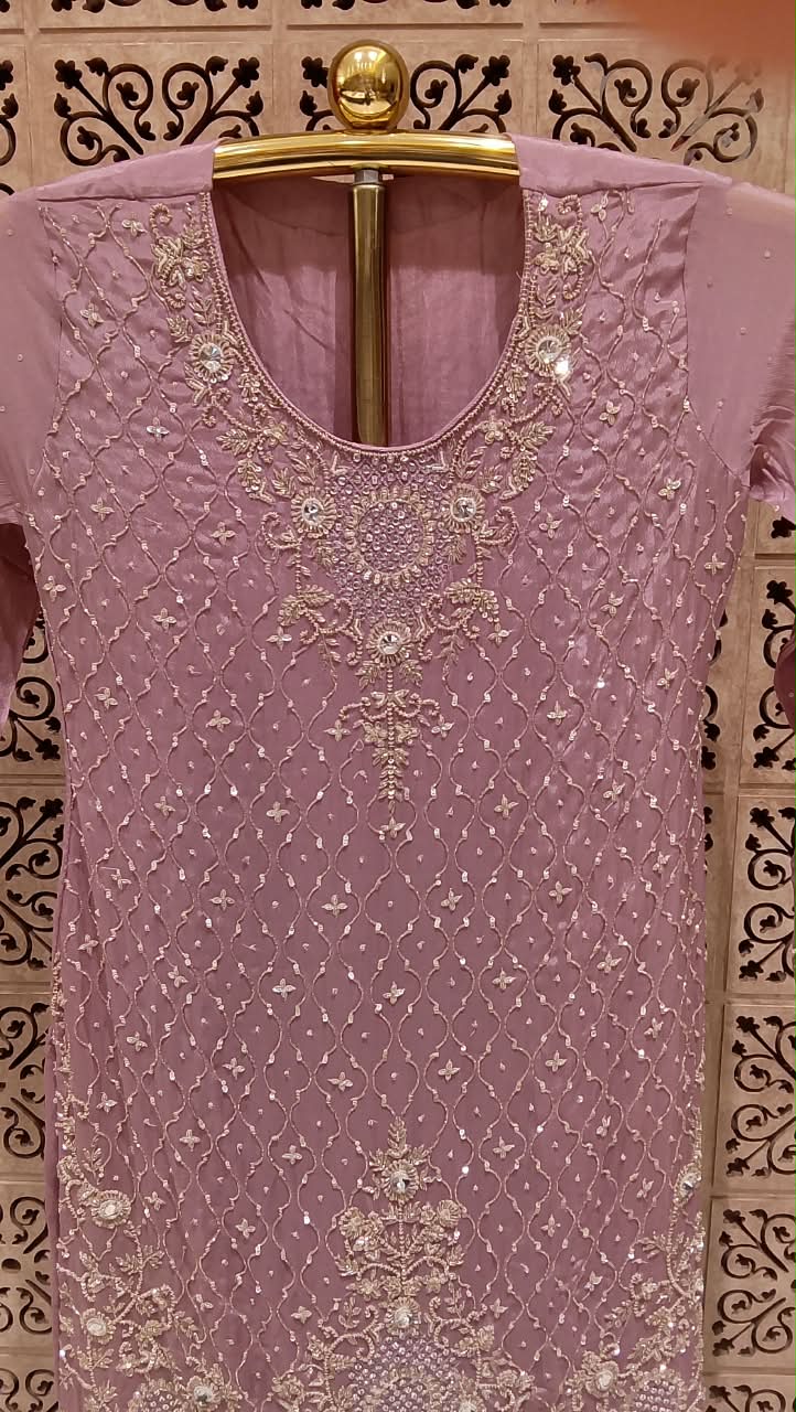 Mauve Pink Heavily Embroidered Georgette Sharara Suit Set.