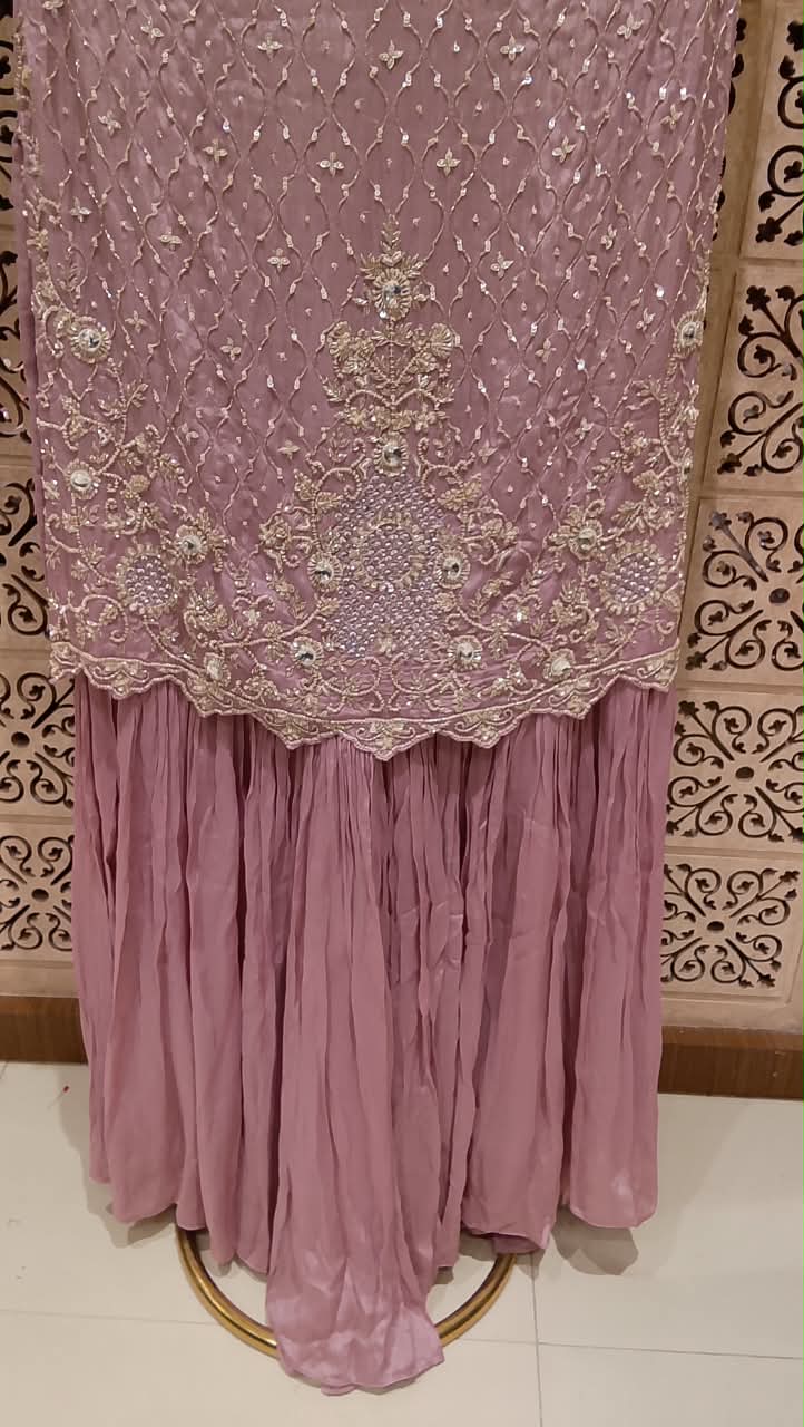 Mauve Pink Heavily Embroidered Georgette Sharara Suit Set.