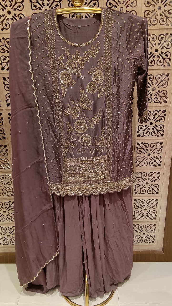 Muted Plum Silk Fabric Gharara Suit Set with Antique Gold Embroidery, Sangeet Nights, Pre-wedding Functions, Reception Gatherings, and Eid