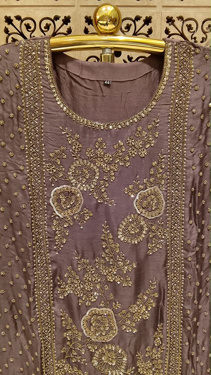 Muted Plum Silk Fabric Gharara Suit Set with Antique Gold Embroidery, Sangeet Nights, Pre-wedding Functions, Reception Gatherings, and Eid