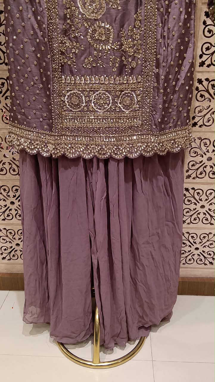 Muted Plum Silk Fabric Gharara Suit Set with Antique Gold Embroidery, Sangeet Nights, Pre-wedding Functions, Reception Gatherings, and Eid