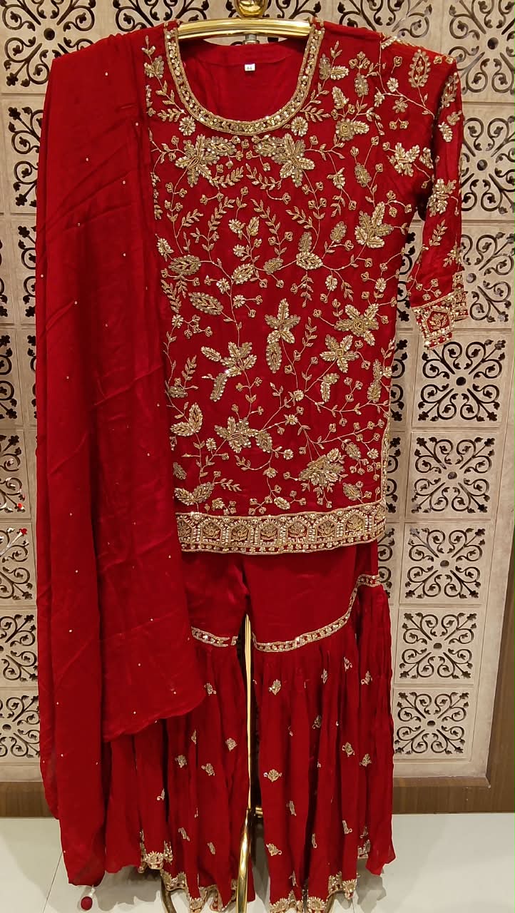 Crimson Red Heavily Embroidered Georgette Gharara Suit Set Wedding Functions, Reception Parties, Karwa Chauth, and Festivals