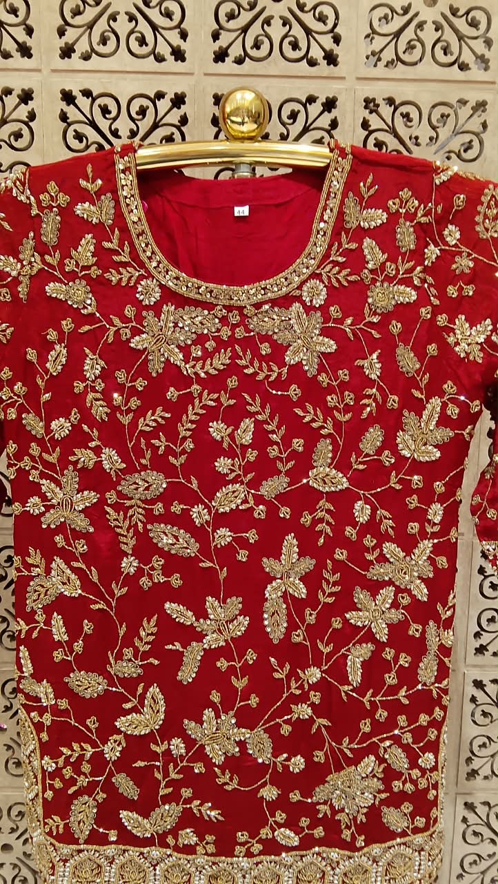 Crimson Red Heavily Embroidered Georgette Gharara Suit Set Wedding Functions, Reception Parties, Karwa Chauth, and Festivals