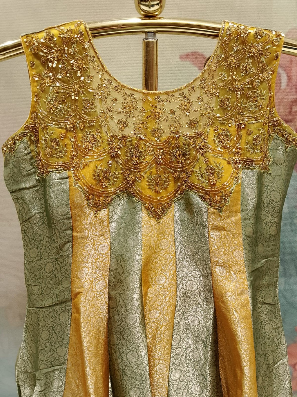 Sage Green & Mustard Gold Brocade Anarkali Sharara Set.