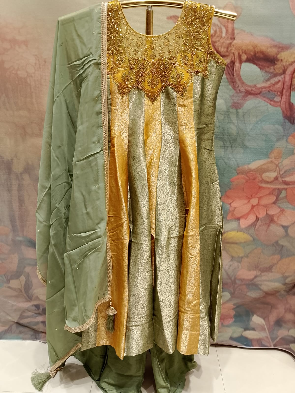 Sage Green & Mustard Gold Brocade Anarkali Sharara Set.