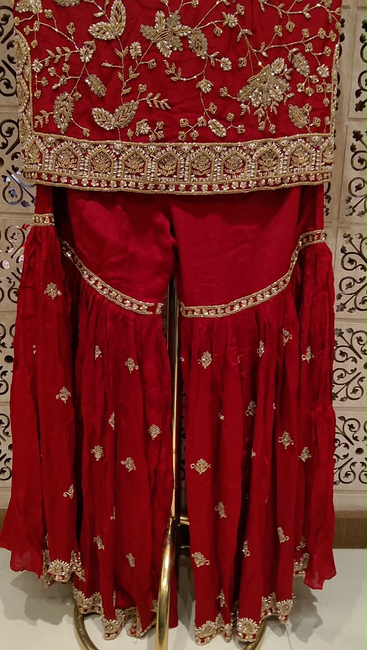 Crimson Red Heavily Embroidered Georgette Gharara Suit Set Wedding Functions, Reception Parties, Karwa Chauth, and Festivals
