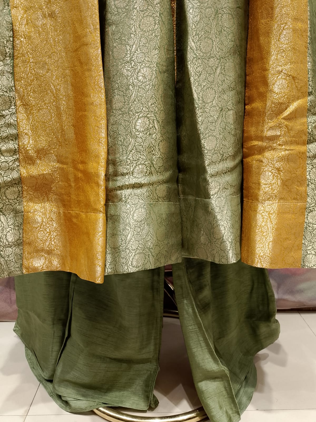 Sage Green & Mustard Gold Brocade Anarkali Sharara Set.
