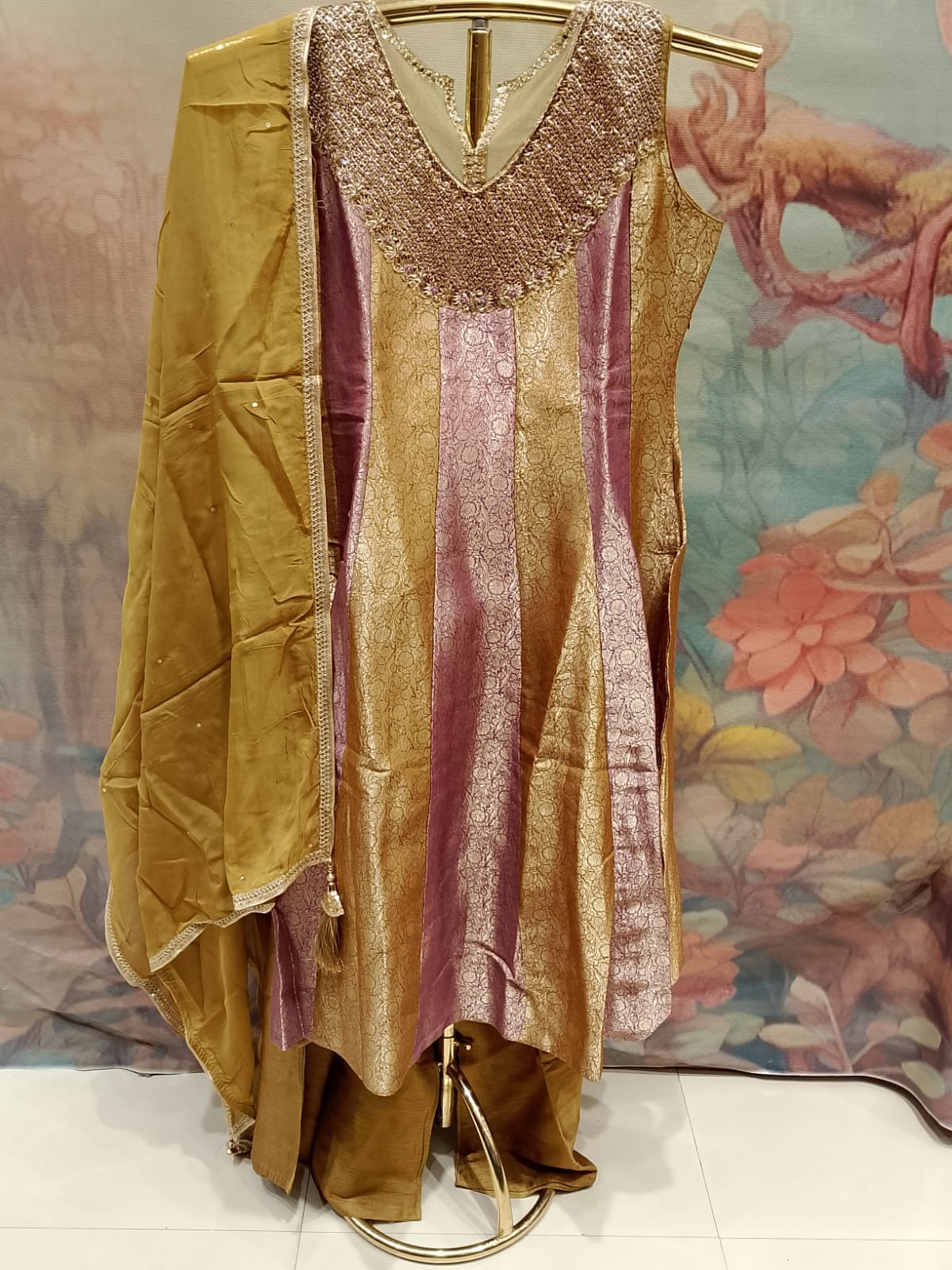 Wine Pink & Mustard Gold Paneled Anarkali Suit Set.