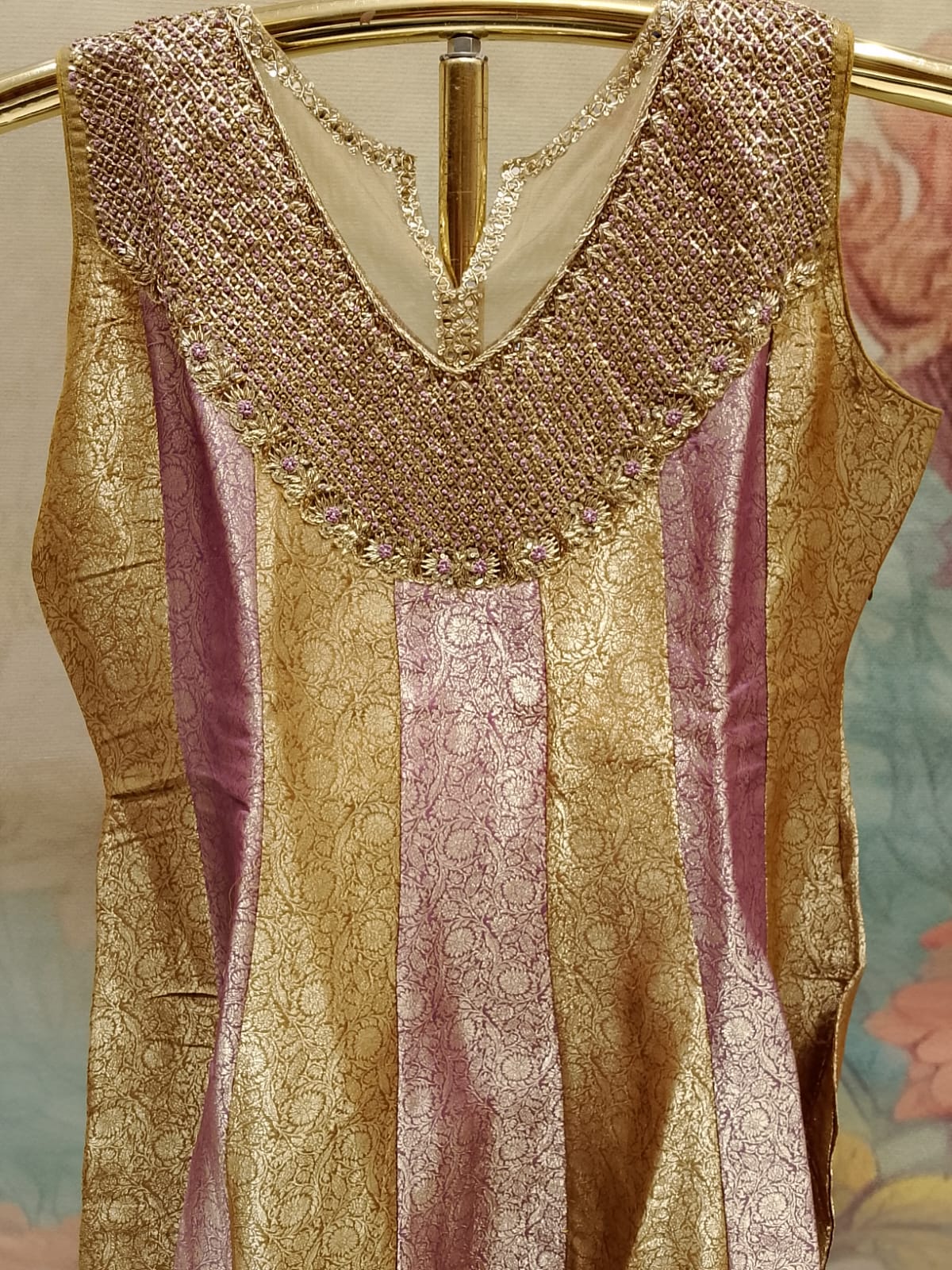 Wine Pink & Mustard Gold Paneled Anarkali Suit Set.