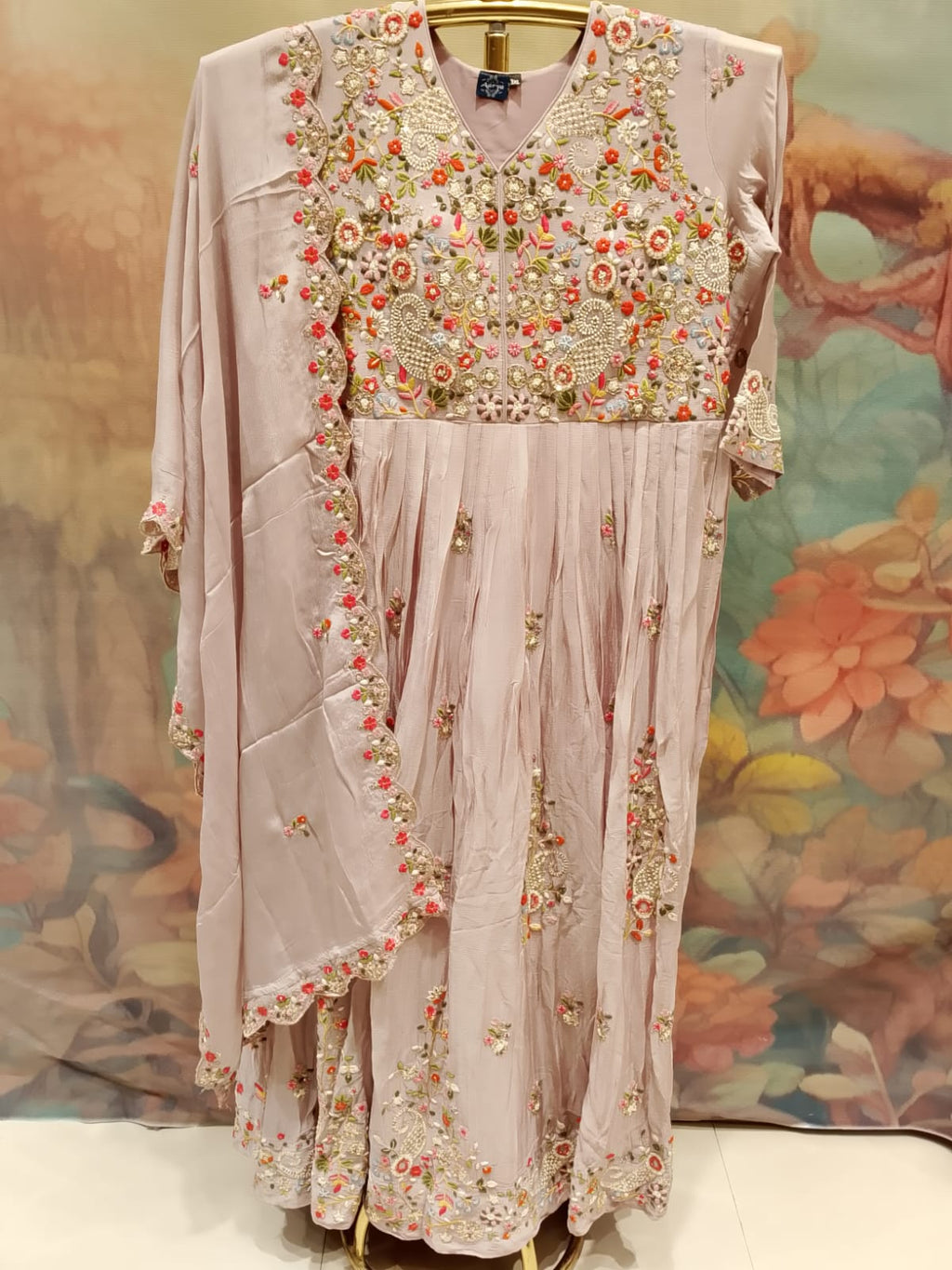 Pastel Mauve-Pink Embroidered Anarkali Suit Set.