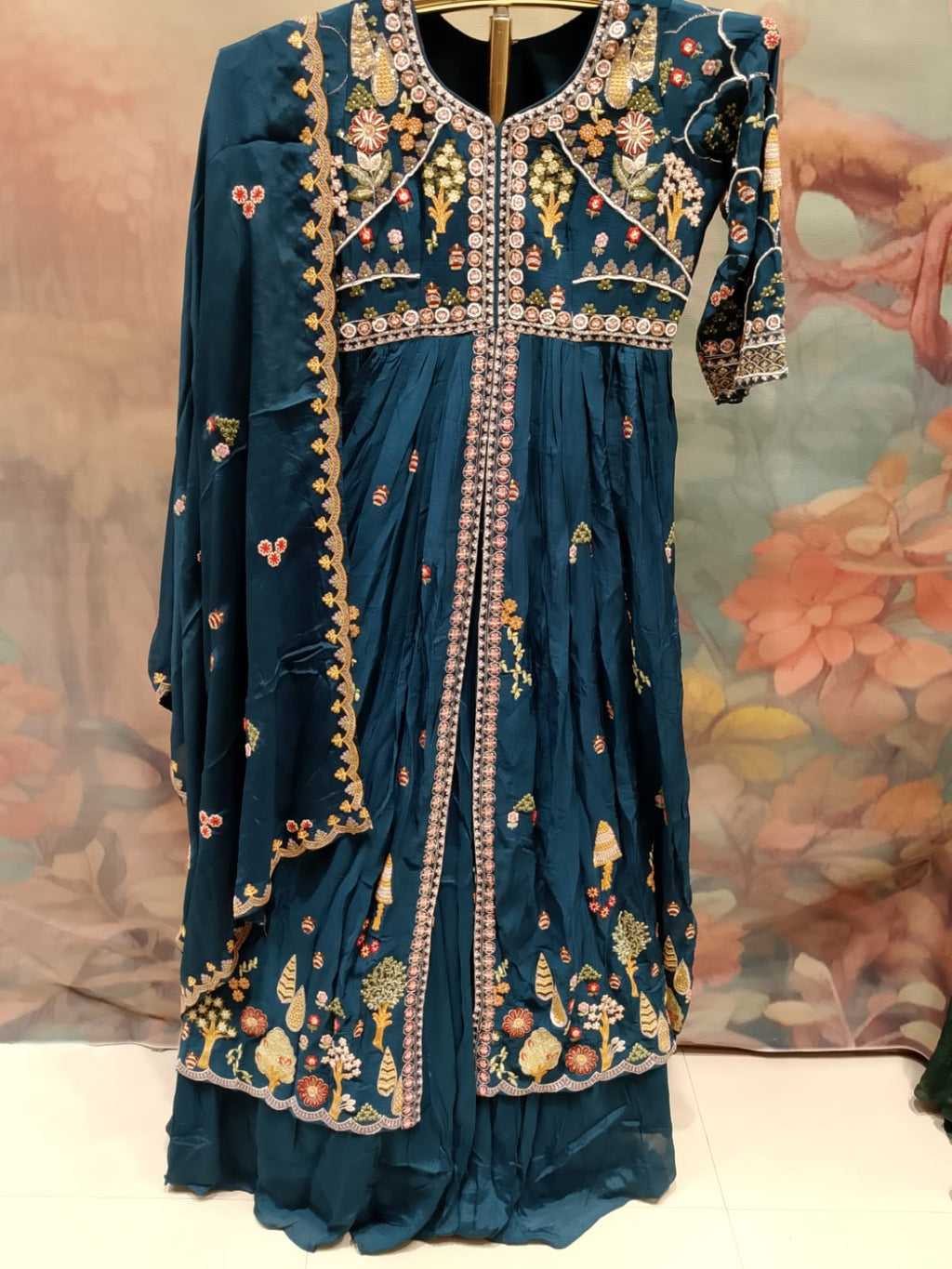 Teal Blue Embroidered Georgette Anarkali Gown with Jacket Overlay