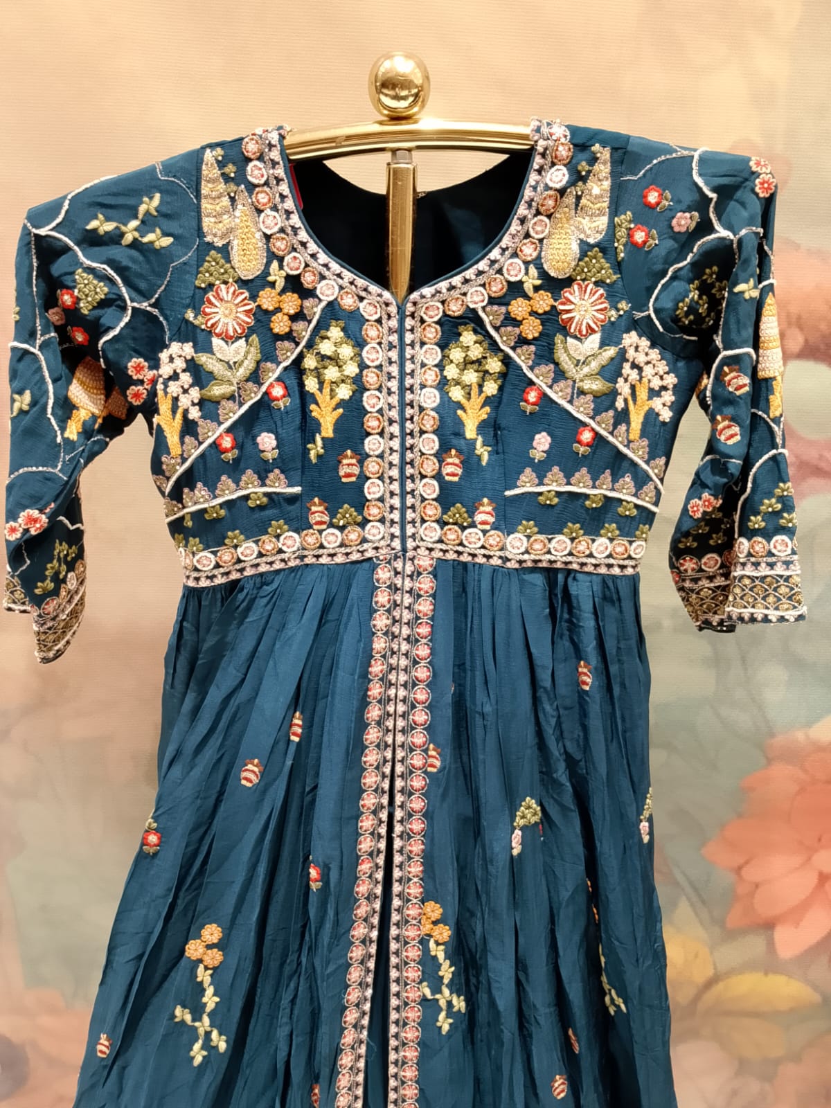 Teal Blue Embroidered Georgette Anarkali Gown with Jacket Overlay