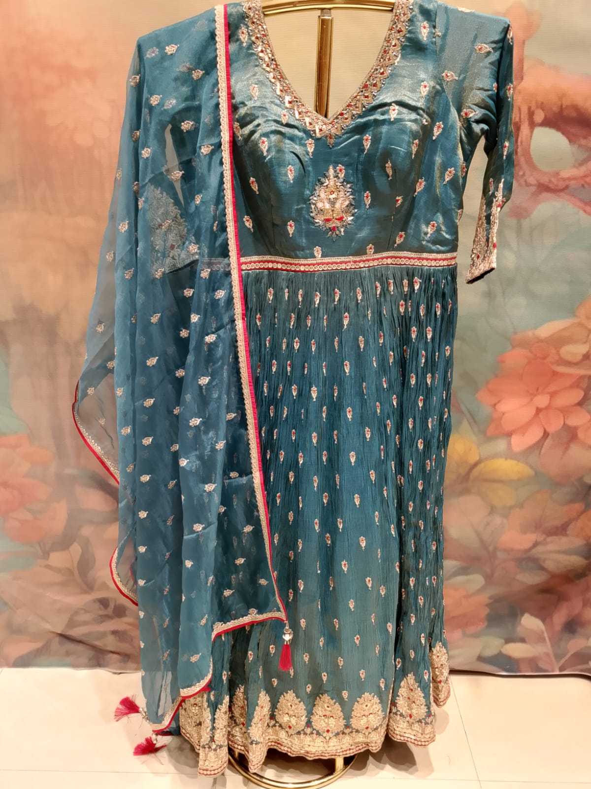Elegant Teal Blue Crinkled Georgette Anarkali Gown Set.
