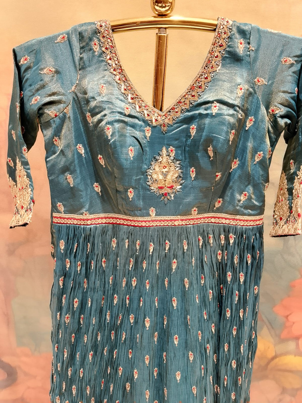 Elegant Teal Blue Crinkled Georgette Anarkali Gown Set.