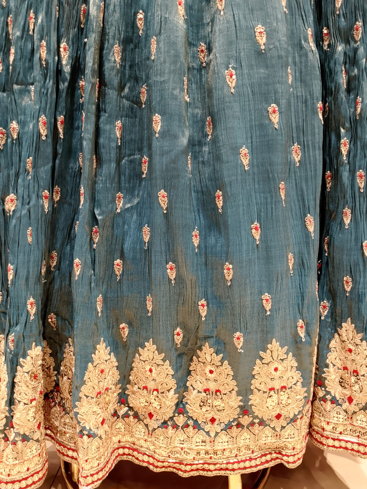 Elegant Teal Blue Crinkled Georgette Anarkali Gown Set.