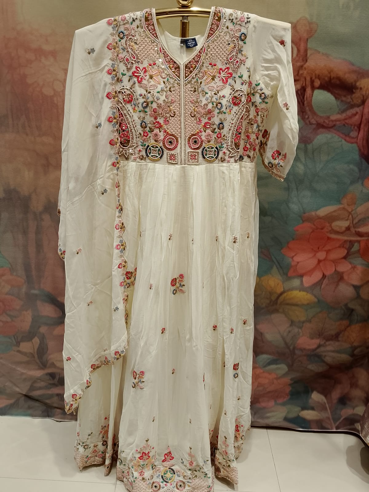 Ivory White Multi-Color Embroidered Georgette Gown Set