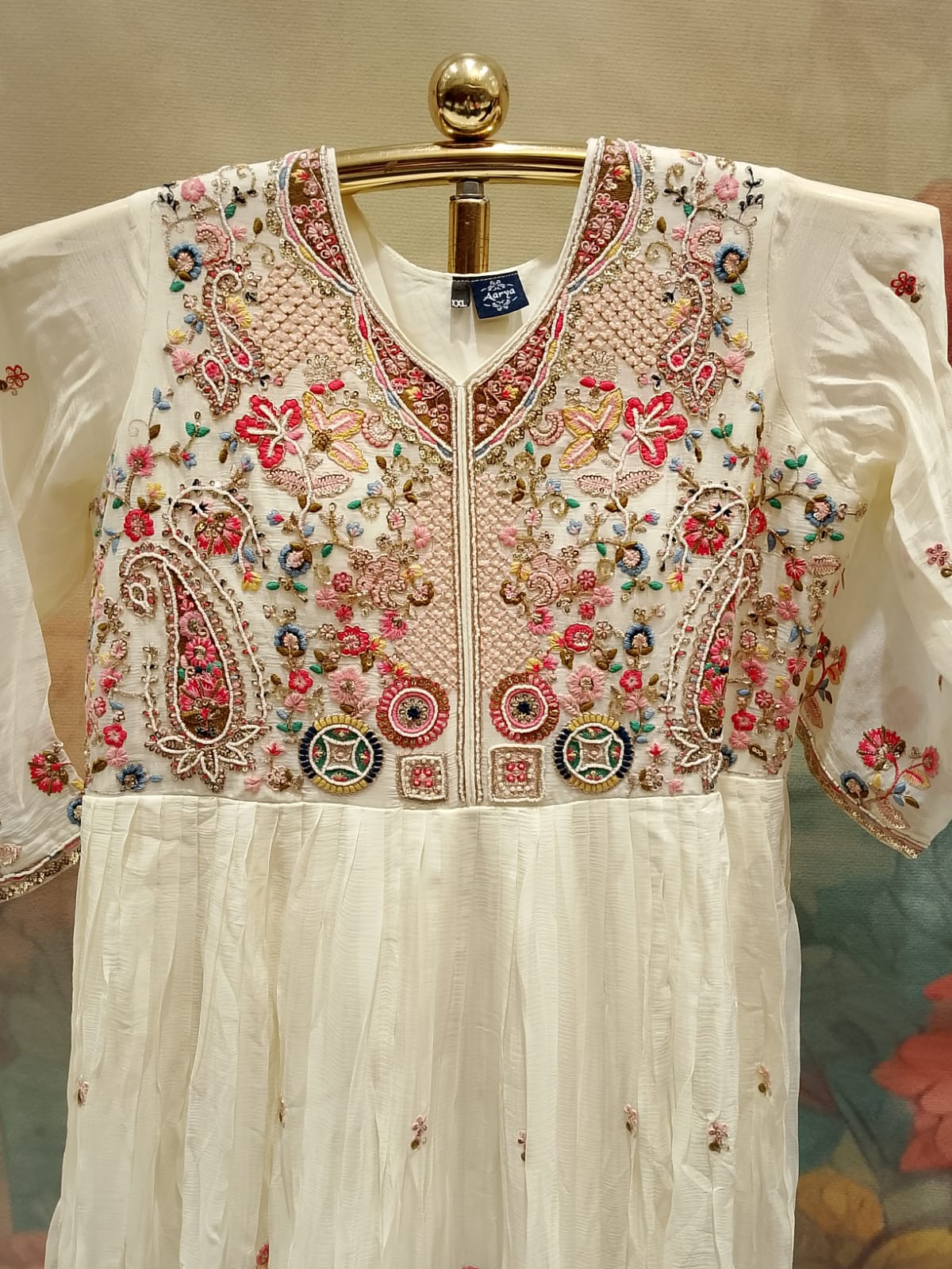 Ivory White Multi-Color Embroidered Georgette Gown Set