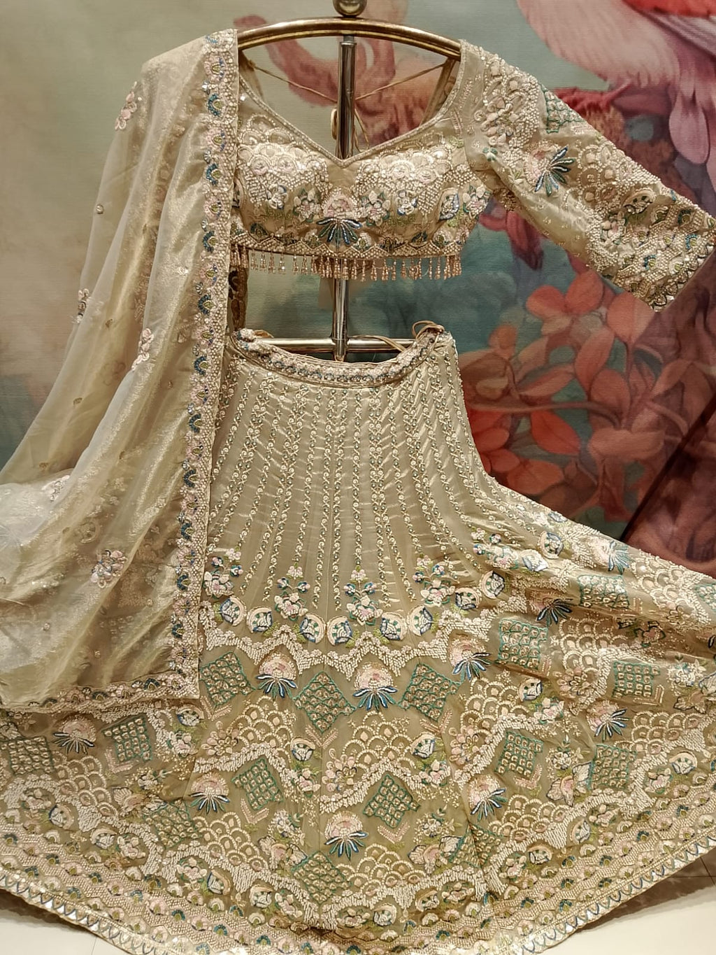 Pastel Sage Green Heavily Embroidered Bridal Lehenga Choli Set