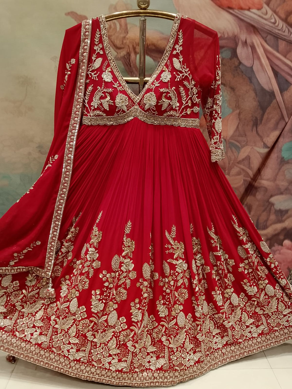 Scarlet Red Pleated Georgette Anarkali Gown with Ornate Zari Embroidery