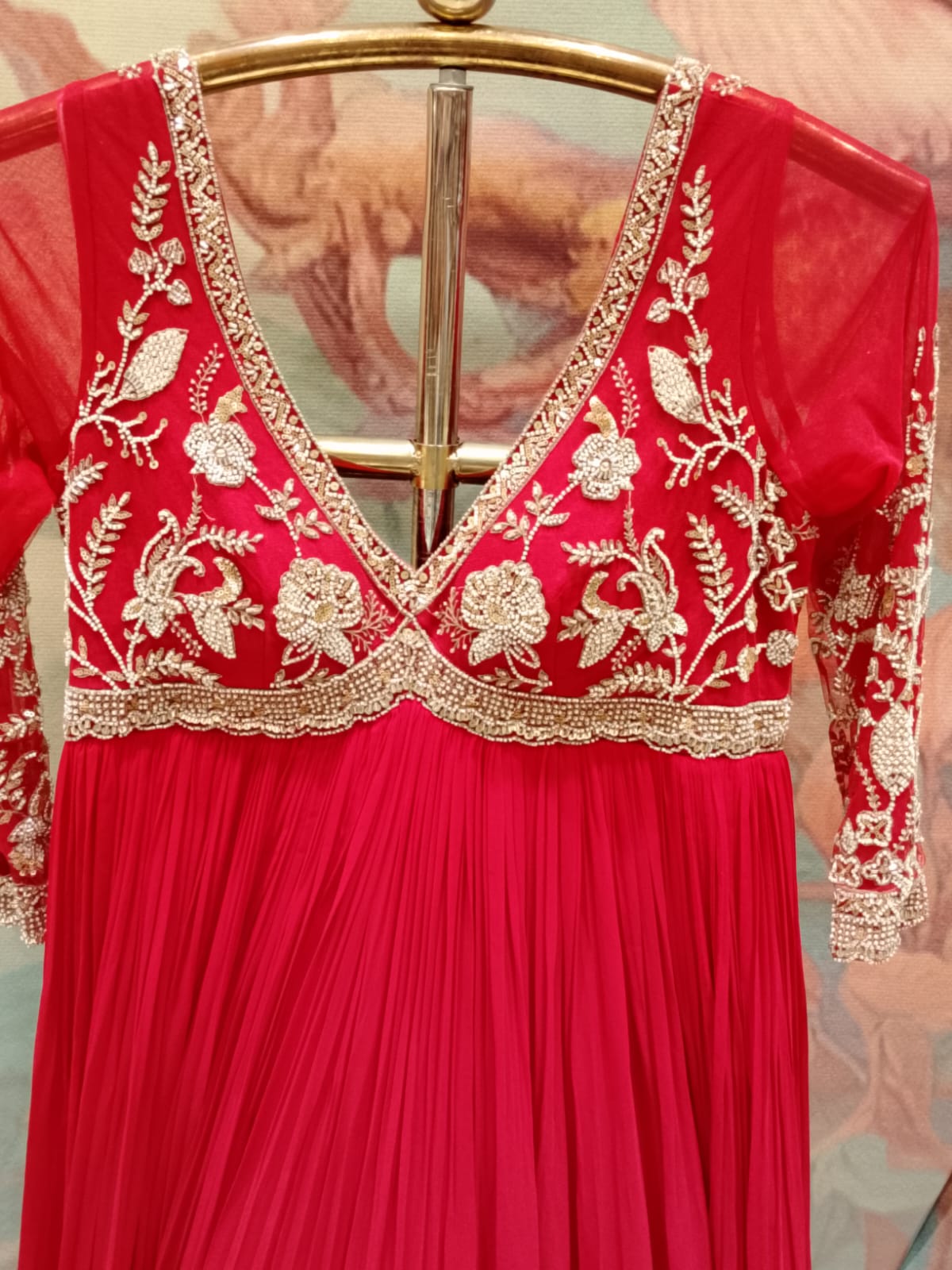 Scarlet Red Pleated Georgette Anarkali Gown with Ornate Zari Embroidery