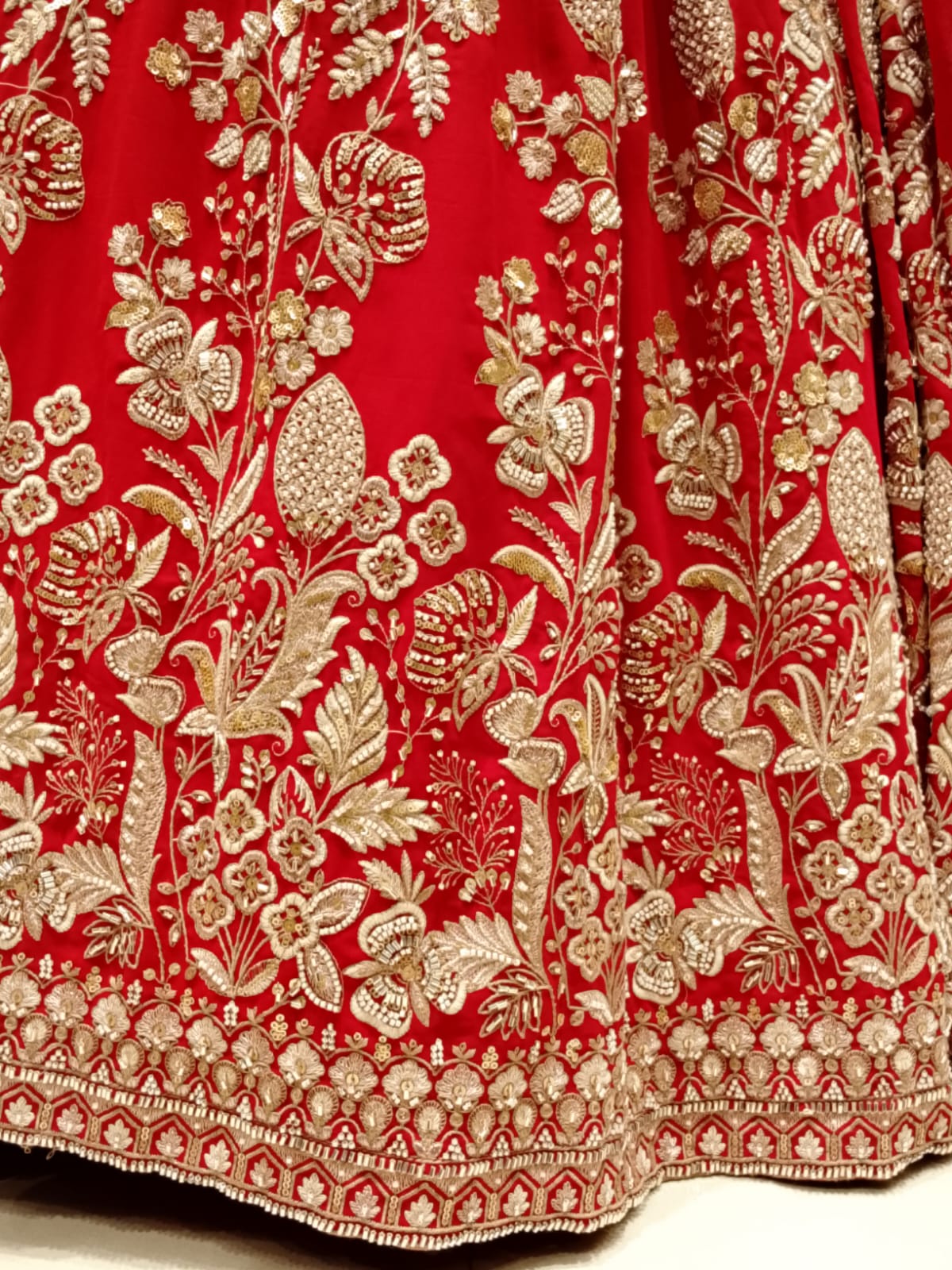 Scarlet Red Pleated Georgette Anarkali Gown with Ornate Zari Embroidery