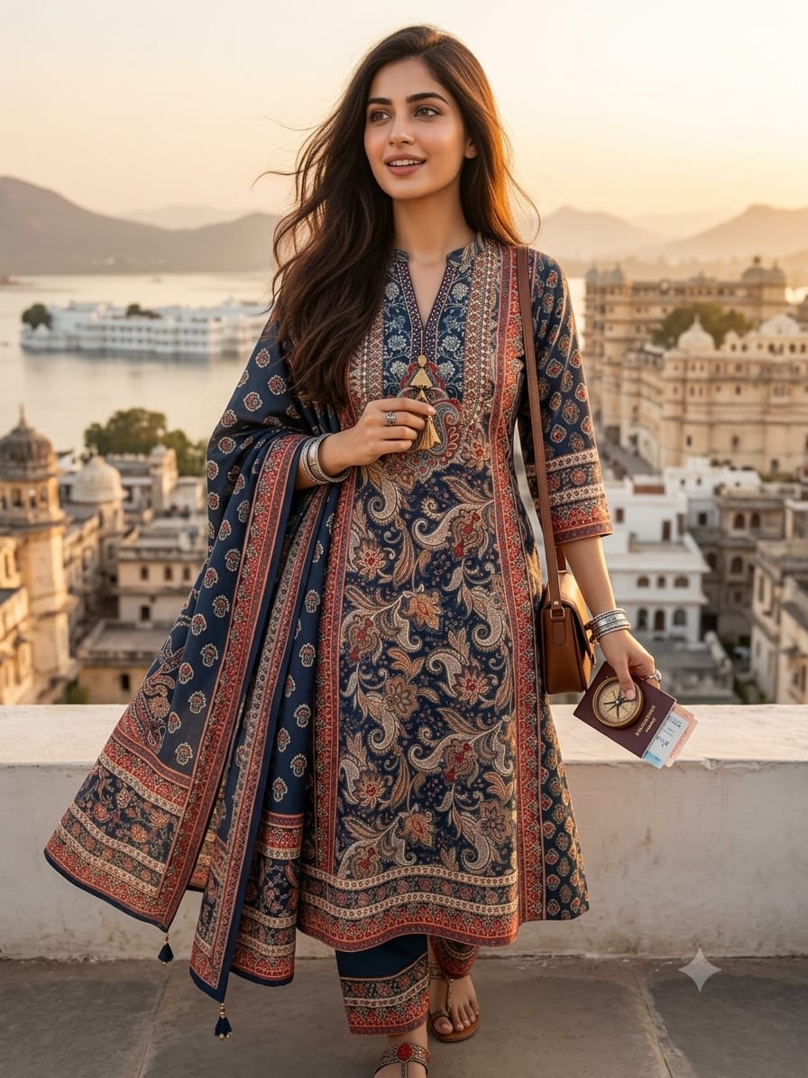 Indigo Blue Kalamkari Print Anarkali Kurta Set with Dupatta.