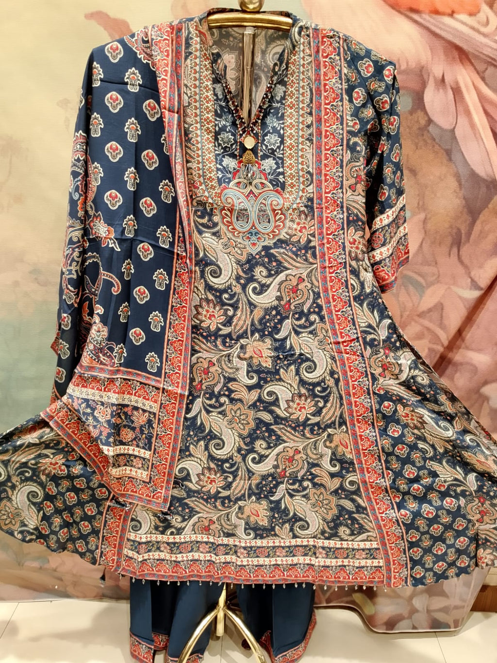 Indigo Blue Kalamkari Print Anarkali Kurta Set with Dupatta.