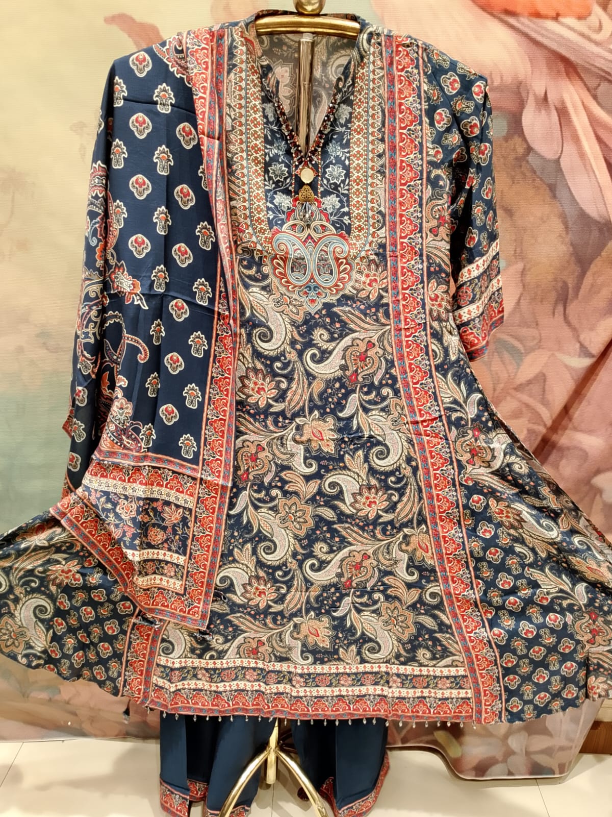 Indigo Blue Kalamkari Print Anarkali Kurta Set with Dupatta.