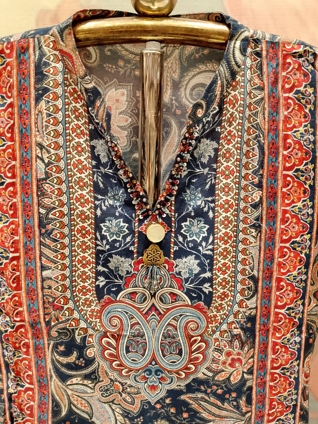 Indigo Blue Kalamkari Print Anarkali Kurta Set with Dupatta.