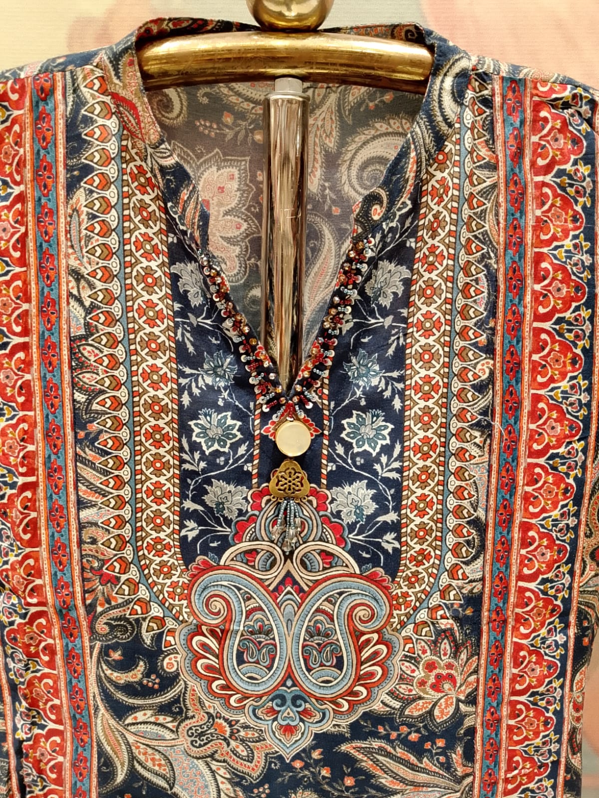 Indigo Blue Kalamkari Print Anarkali Kurta Set with Dupatta.