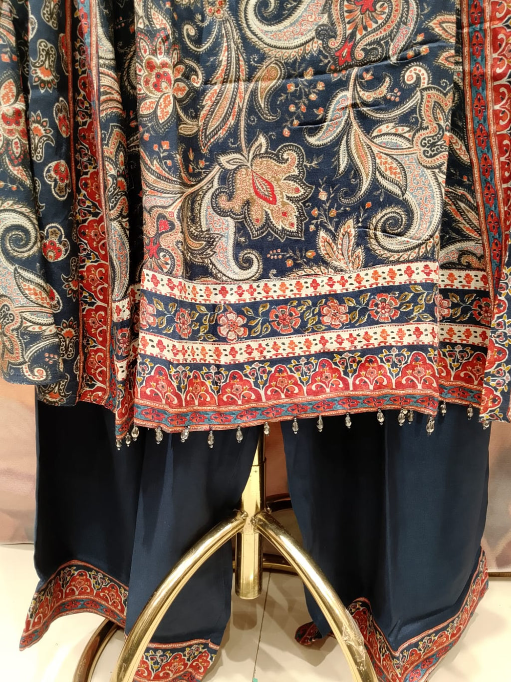 Indigo Blue Kalamkari Print Anarkali Kurta Set with Dupatta.