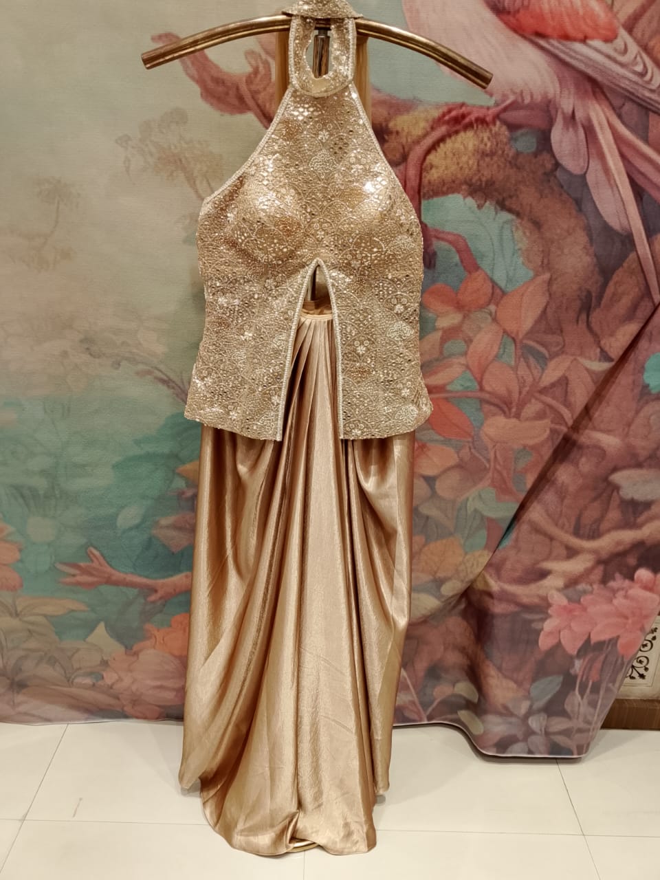 Metallic Antique Gold Halter Neck Top & Draped Dhoti Skirt Set