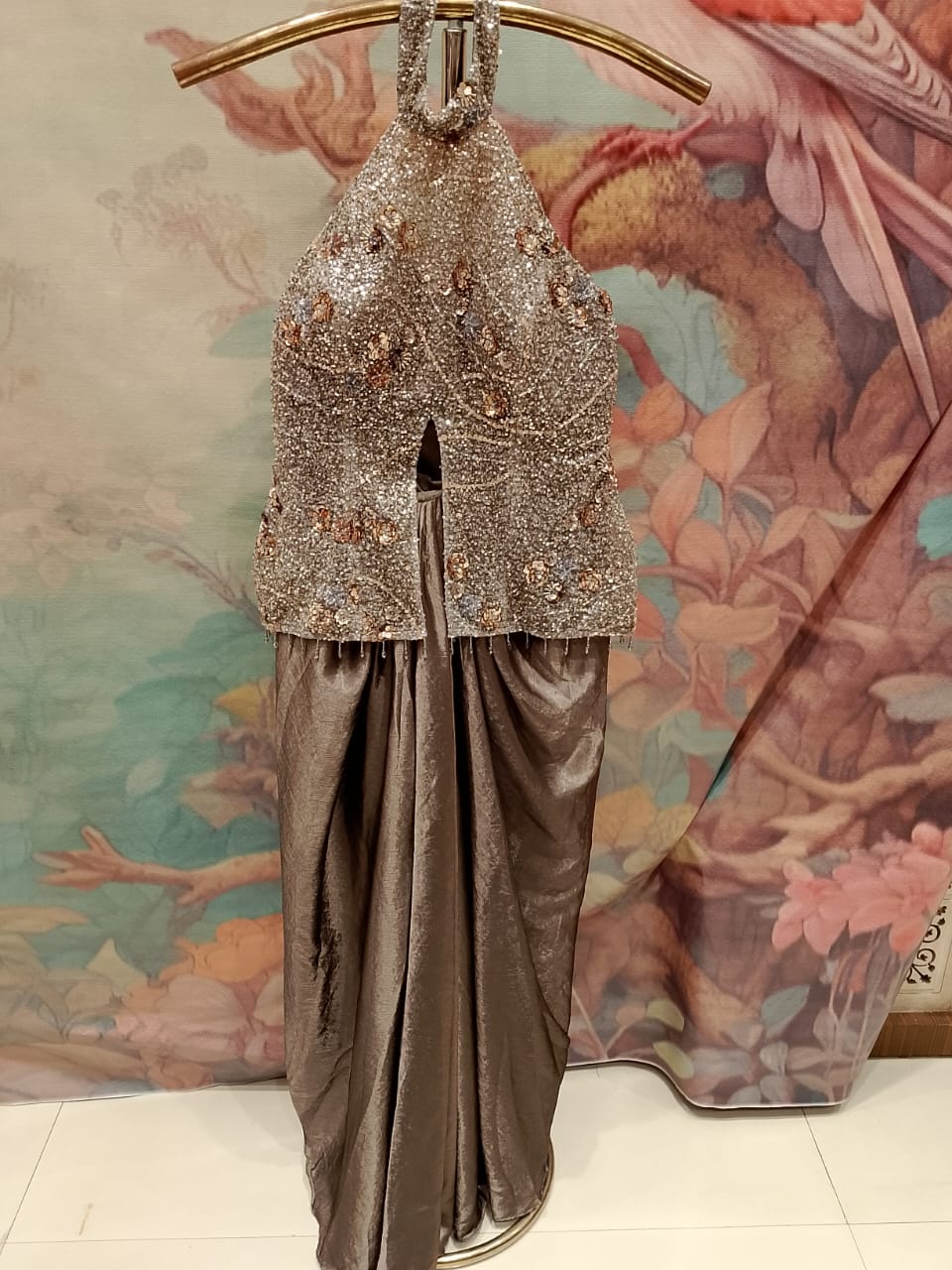 Metallic Halter Neck Top & Draped Dhoti Skirt Set.
