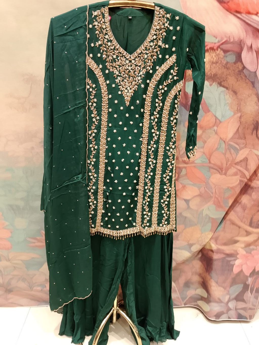 Emerald Green Heavily Embroidered Palazzo Suit Set