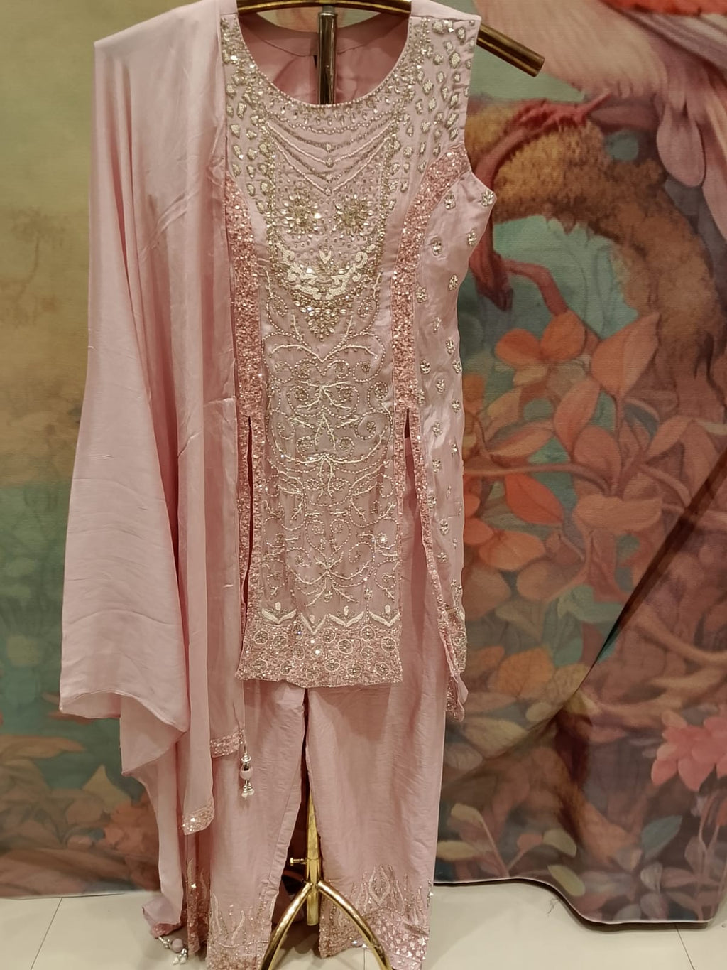 Dusty Rose Pink Embroidered Sleeveless Straight Kurta & Palazzo Set