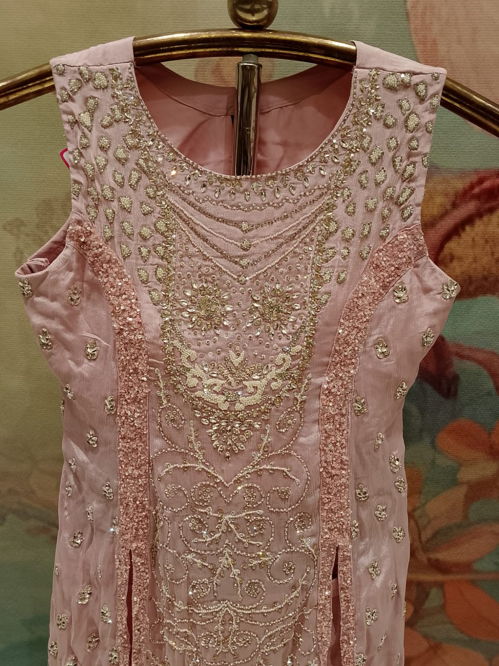 Dusty Rose Pink Embroidered Sleeveless Straight Kurta & Palazzo Set