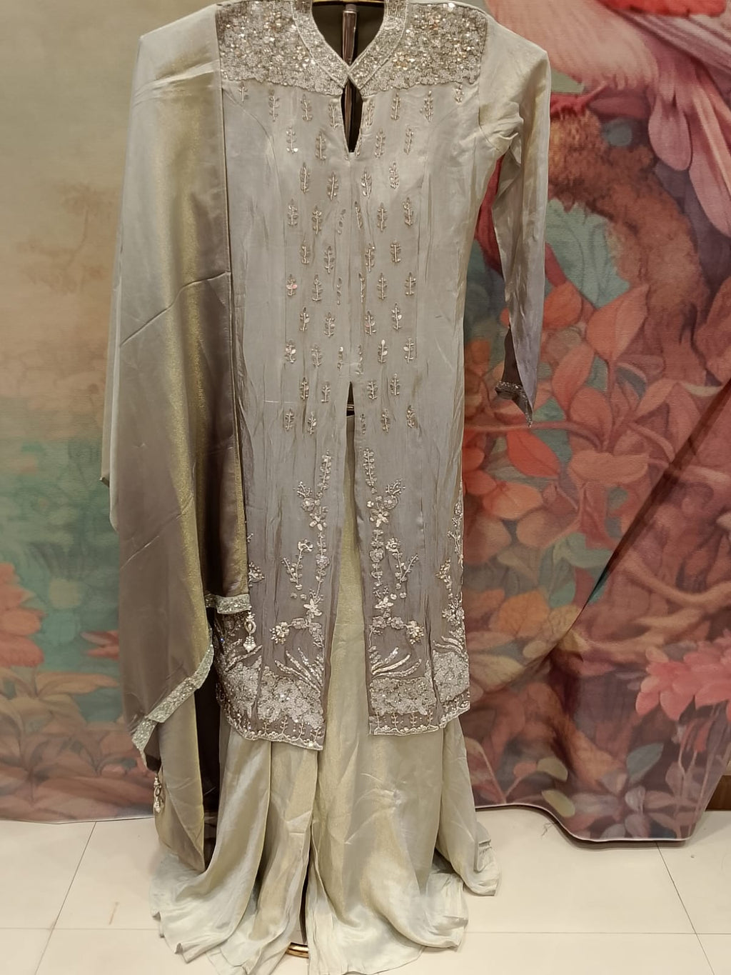 Dove Gray Embroidered Front-Slit Palazzo Suit.