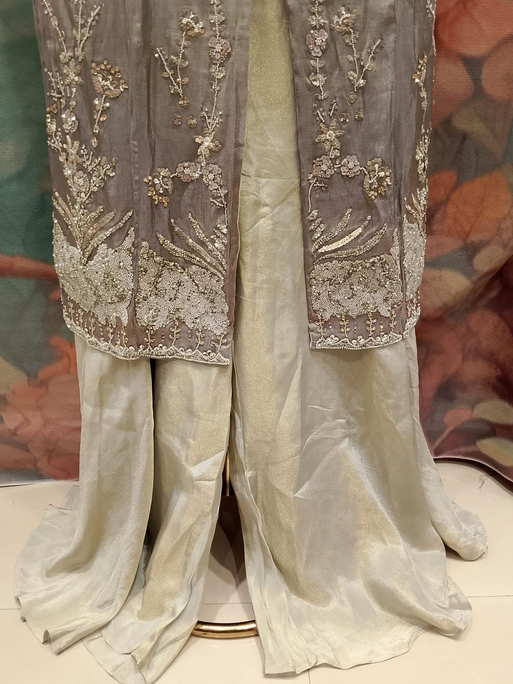 Dove Gray Embroidered Front-Slit Palazzo Suit.