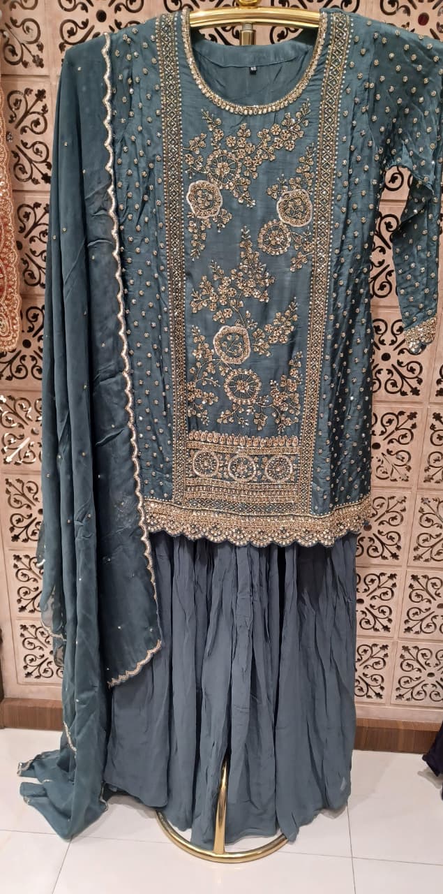 Charcoal Gray Embroidered Georgette Sharara Suit